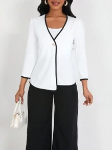 SHEIN Clasi 2pcs/Set Casual Commuter Color Block Trim Top And Pants Suit, Autumn - Black and White - View 1