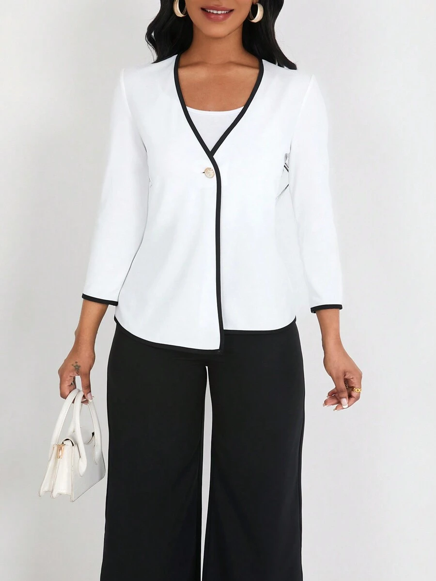 SHEIN Clasi 2pcs/Set Casual Commuter Color Block Trim Top And Pants Suit, Autumn - Black and White - View 1