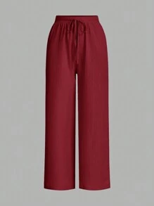 SHEIN Essnce 3 paquetes de pantalones de verano para mujeres, de unicolor, con cintura ajustable, pierna ancha, sueltos y casuales - Burdeos - Ver 7