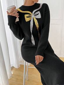 Chiquease Damen Rundhals Langarm Kleid mit Schleifen Dekor, minimalistischer Lässig Strick Pullover - Schwarz - Übersicht 6