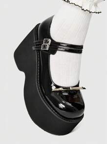 ROMWE Grunge Punk Women Fashion Versatile Solid Color Wedge & Platform Slip-On Shoes New Year Holiday - Black - View 3