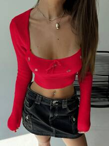 Aloruh Square Neck Embroidered Form-Fitting Cropped Long Sleeve Sweater For Young Women, Romantic For Dates & Casual Wear