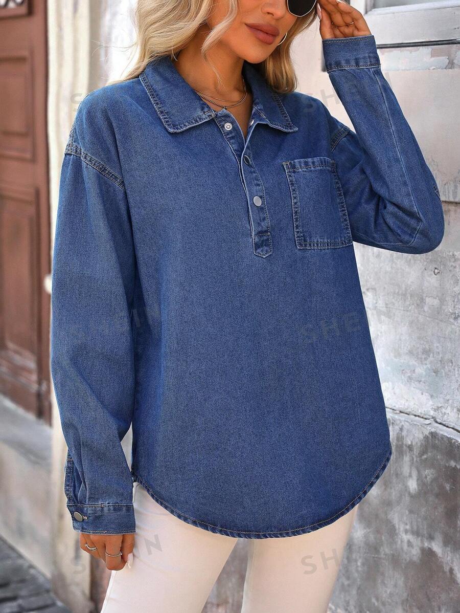 SHEIN Essnce Bluză casual de damă din denim, elegantă pentru purtarea zilnică - Albastru - Vizualizare 1