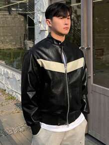 DAZY Men's Casual Contrast Color Zip-Up Stand Collar Jacket, Autumn - Black and White - View 7