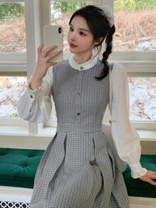 DAZY Váy dài tay kẻ caro cổ điển 2 trong 1, thắt eo, ôm sát, thời trang thu đông cho nữ - Xám - Xem 3