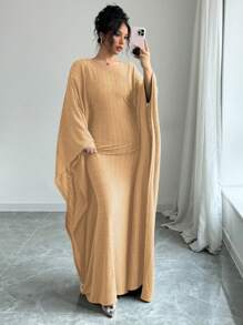 Elenzga 女士优雅纯色宽松休闲褶皱面料圆领蝙蝠袖长裙超长女装 - 卡其色 - 查看 6