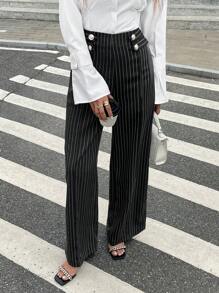 SHEIN Frenchy 女士纽扣腰条纹直筒宽松休闲裤通勤休闲日常办公室条纹长裤新年 - 彩色 - 查看 5