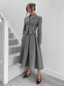 Siren Gaze Bộ đồ vest nữ 2 món phong cách Old Money thời trang công sở thường ngày màu trơn đơn hàng khuy dài tay và chân váy xếp ly, bộ vest len xám, bộ trang phục nữ, bộ mùa đông, bộ tay dài, bộ đồ hai mảnh mùa thu, cho mùa thu/đông - Màu xám đen - Xem 4