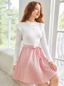 SHEIN Leap Crew Teen Girl Casual Cap Sleeve Ribbing Patchwork Houndstooth Pattern Dress - Pink - View 1