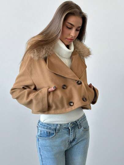 Aloruh 新品甜美毛绒领装饰加厚保暖大衣秋冬