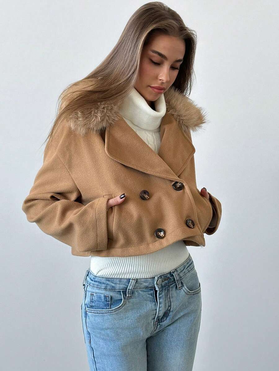 Aloruh 新品甜美毛绒领装饰加厚保暖大衣秋冬 - 卡其色 - 查看 1