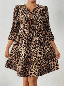 SHEIN LUNE Váy midi tay 3/4 buộc nơ phía trước họa tiết da báo - màu nâu - Xem 3