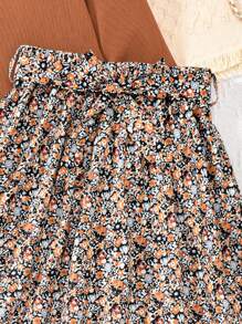 Bộ 2 áo thun dài tay có gân cho bé gái tuổi teen và chân váy dài in họa tiết có dây thắt lưng, trang phục thanh lịch cho mùa thu/đông - Màu nâu  Mocha - Xem 7