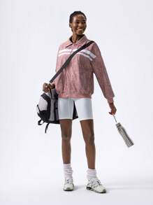 VARSITIE Dirty Pink Striped Printed Zipper Loose Casual PU Women Jackets