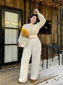 SHEIN Privé Plus Size Women Warm Long Pants, Casual Comfy Fleece Elastic Waist Loose Fit Pants For Autumn/Winter - Multicolor - View 6