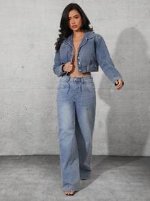 Denimoi Distressed Cropped Denim Jacket, Casual For Autumn - Light Wash - View 3