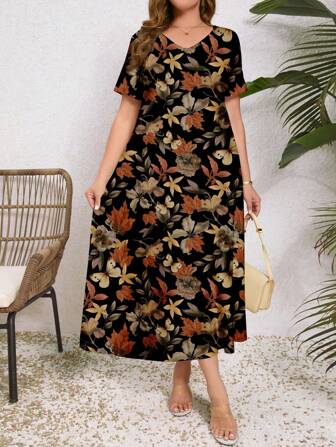 EMERY ROSE Women Plus Size Casual Minimalist V-Neck Short Sleeve Dress, Suitable For Summer,Beach Dress Sundress,Holiday Outfits Boho Suitable For Going Out Chic Dress