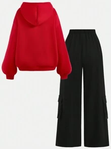 Girlism 2 件套青少年女孩超大红色连帽运动衫和黑色多口袋实用工装裤，休闲街头风格，适合圣诞节、新年的节日装 - 紅色 - 查看 2