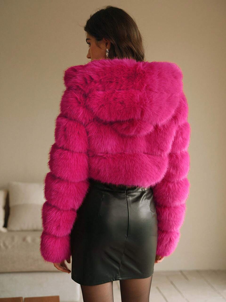 New Elegant Lady Faux Fox Fur Trim Coat, Fashion Furry Outwear, Autumn/Winter, Christmas