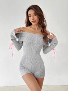 SHEIN PETITE 纯色休闲露肩喇叭袖口连体裤，长袖 - 灰色 - 查看 5
