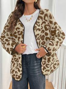 SHEIN Frenchy 1 件女士豹纹羊毛休闲常规夹克 - 卡其色 - 查看 6