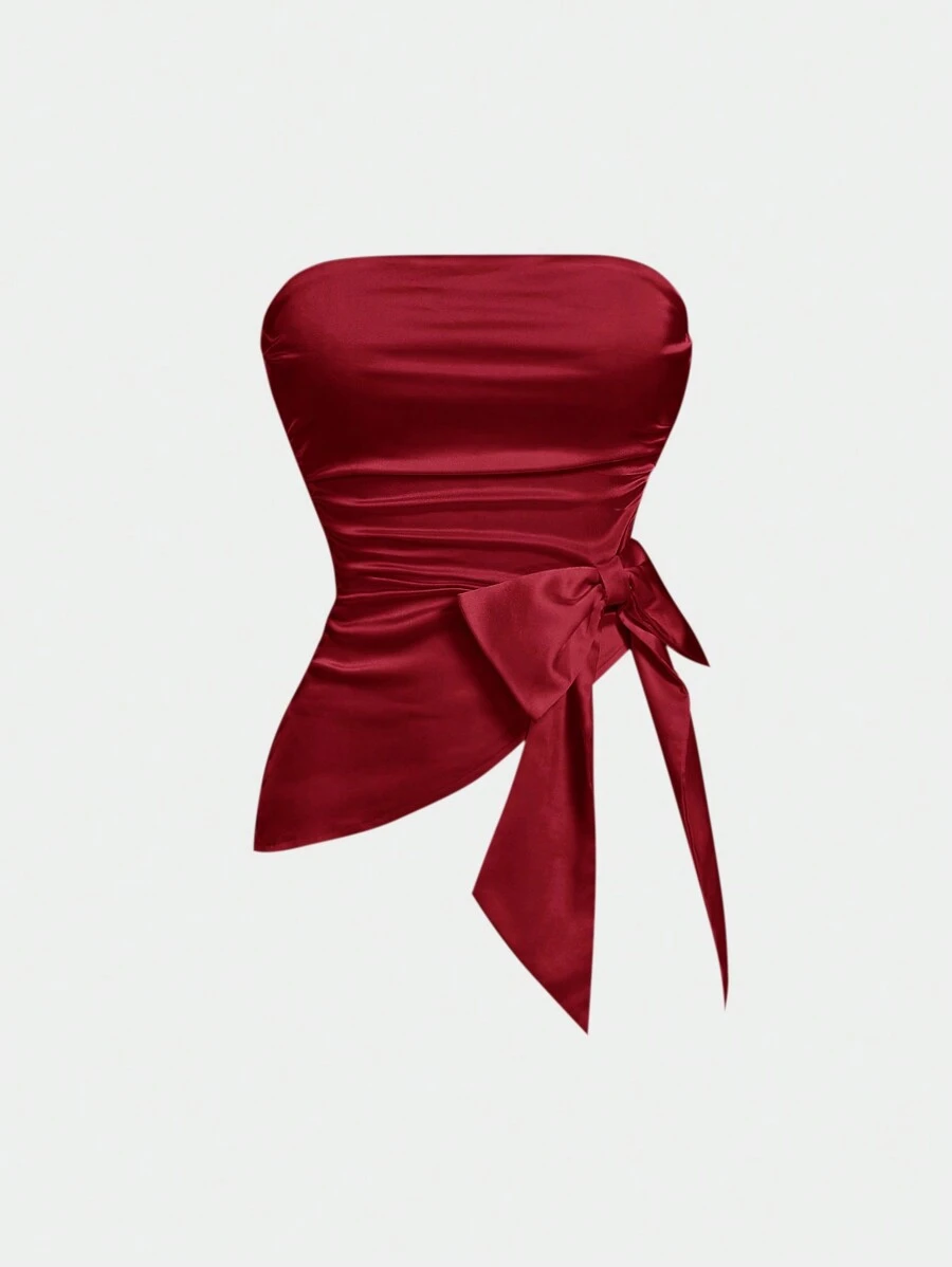 SHEIN MOD Áo hai dây không dây xếp nếp nơ thời trang dành cho nữ - Đỏ - Xem 1