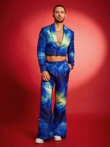 FeverCity Men's Fashion Tie-Dye Cropped Jacket And Trousers Suit - Multicolor - View 3