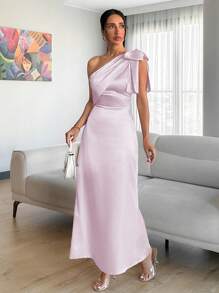 EURMUSE Chimpagne Color Tie Detail Satin Dress - Pink - View 6