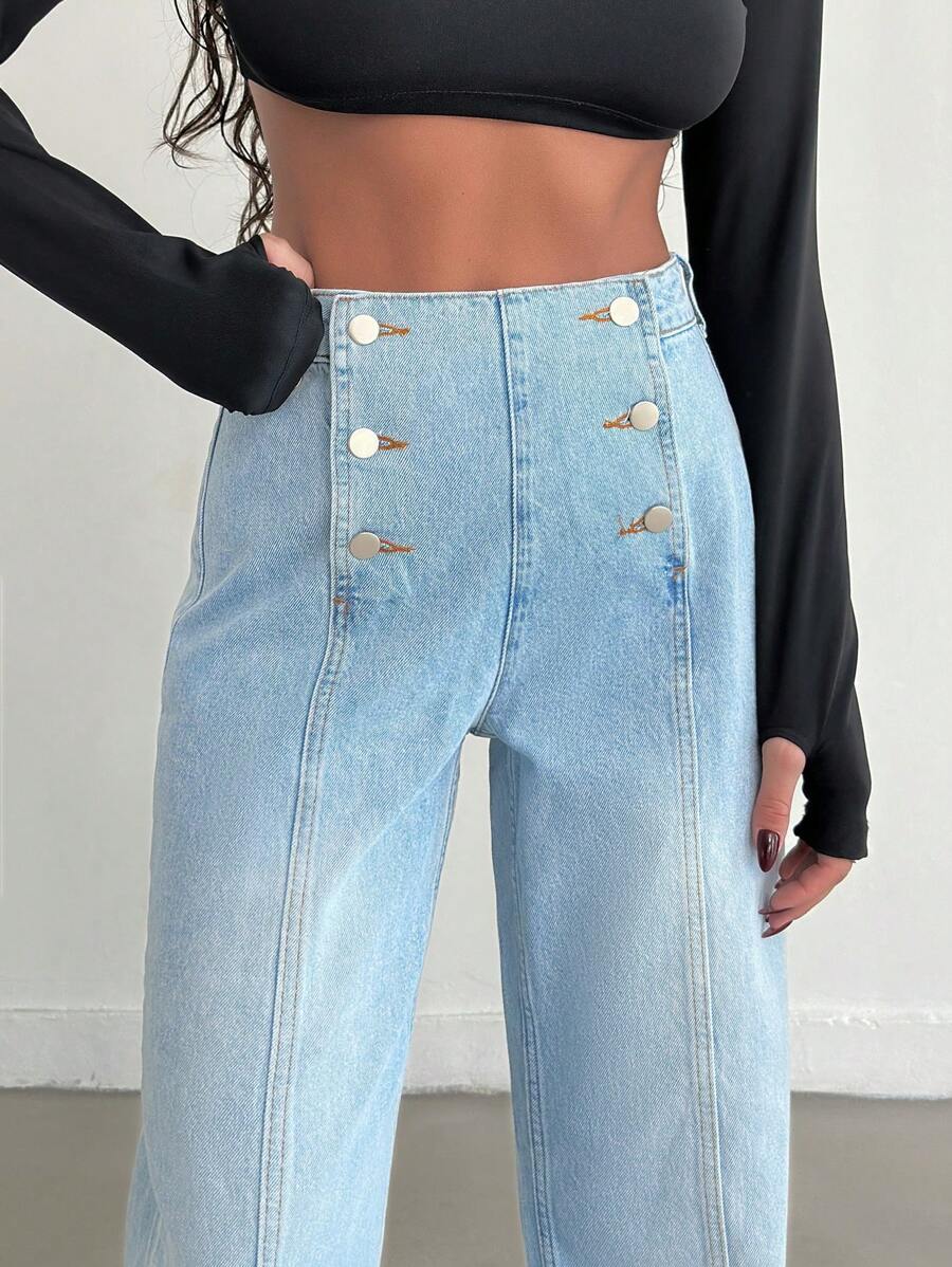 EURMUSE HIGH RISE STRAIGHT MULTI BUTTON DETAIL JEAN - Medium Wash - View 1