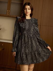 Elaquor Plus Size Women's Fall Dresses,Elegant Dress,Cheetah Dress,Women Fall Clothes, Contrast Ruffle Hem All Over Print Crew Neck Long Sleeve Cute Dress - Black - View 1