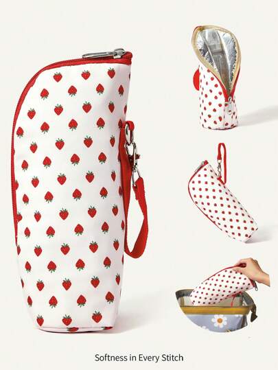 Cozy Pixies 1 pezzo Borsa termica in nylon isolata per bottiglie di latte, nuova borsa portabottiglie termica leggera da trasportare a mano per mamme, con design a fragola, portatile per uso all''aperto