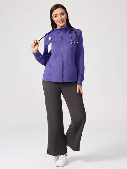 TaskEZ Women's Simple Solid Color Quilted Zip-Up Front Slant Pocket Practical Work Jacket