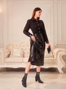 CUCCOO TILAWA Rhinestone Embellished Pointed Toe Fashionable Mid-Calf Boots For Christmas And New Year Holiday Valentines - Black - View 8