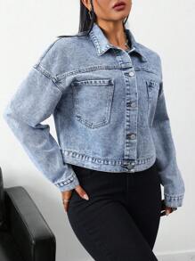 SHEIN Tall Áo khoác denim dáng rộng tay dài thả vai đơn giản đơn giản cho nữ mùa thu - Rửa trung bình - Xem 3