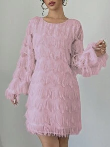 Chiquease 1pc Casual Elegant Long Sleeve Feather Design Shift Dress, Commuter Style, Autumn