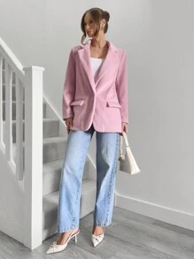 SHEIN Essnce Women's Solid Color Front Button Long Sleeve Flat Collar Simple Casual Blazer - Pink - View 4