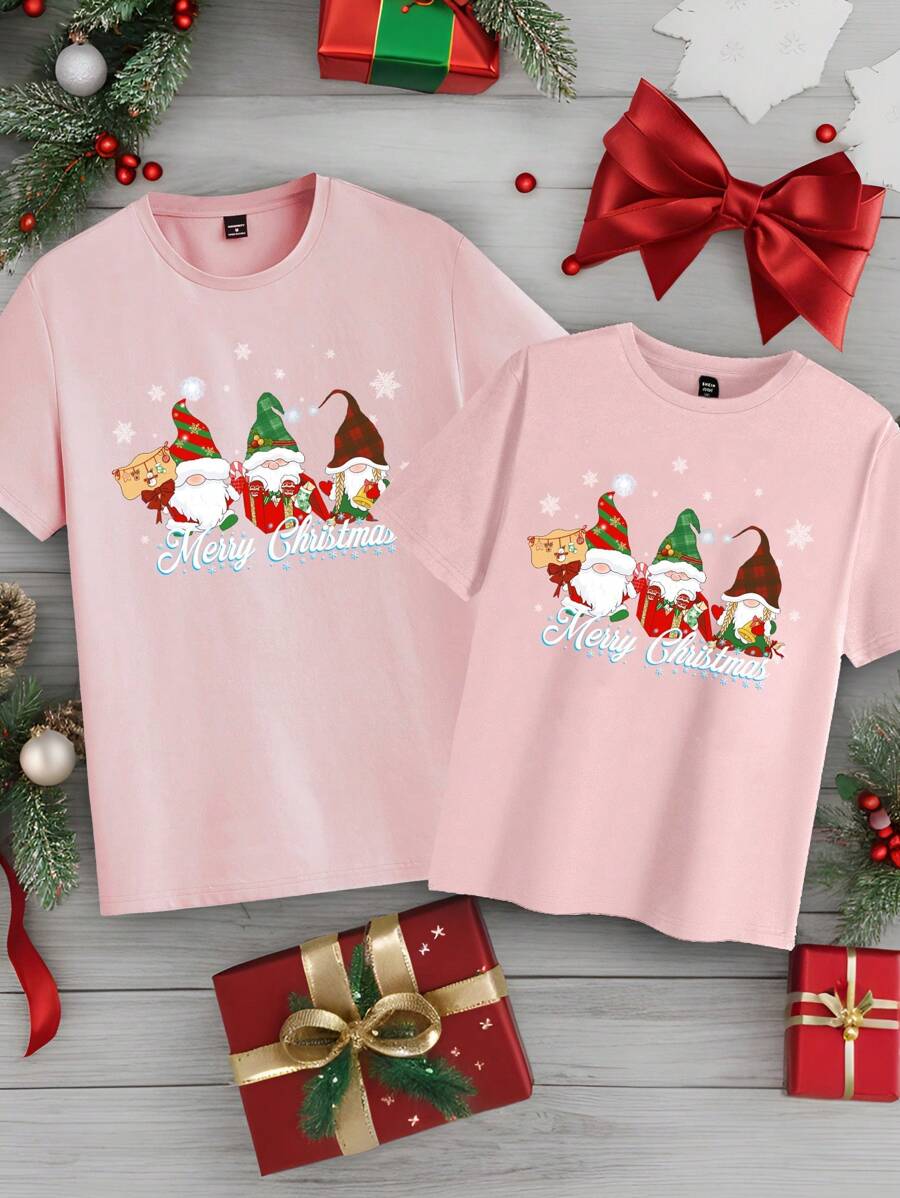 Manfinity Homme 男士时尚休闲圣诞侏儒图案印花紧身圆领 T 恤，粉色，适合送礼 - 淺粉色 - 查看 1