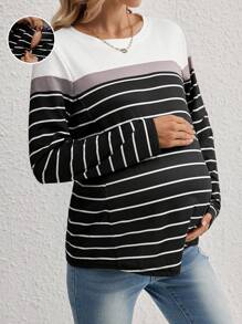 SHEIN Maternity Casual Striped Nursing Top, Loose Round Neck Long Sleeve Tee For Pregnant Women