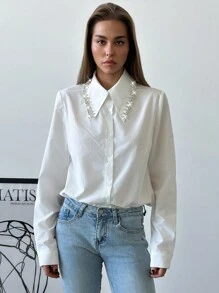 Aloruh 女士白色水钻链条衬衫，适合派对、圣诞节和万圣节 - 白色 - 查看 3