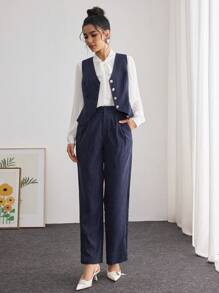 Modelyn 2 件套女士条纹背心和直筒裤优雅别致服装 2 件套 - 藏蓝色 - 查看 5