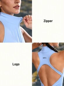 SHEIN Sports Minimalist Solid Color Stand Collar Sleeveless Backless Fitted Romper - Blue - View 6