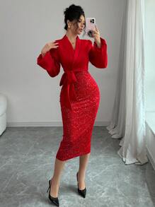 Selianne V 领锡箔拼布束腰女式优雅紧身连衣裙新年服装长款女装 - 紅色 - 查看 7