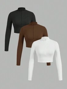 SHEIN EZwear Set de 3 camisetas de manga larga con cuello con cremallera y tela acanalada, adecuadas para primavera y otoño
