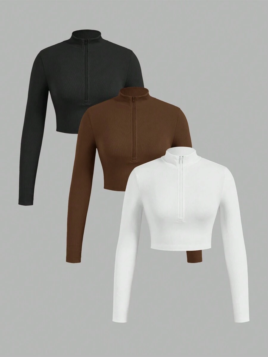 SHEIN EZwear Set de 3 camisetas de manga larga con cuello con cremallera y tela acanalada, adecuadas para primavera y otoño