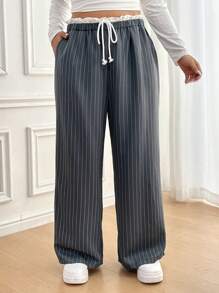 SHEIN Frenchy Quần dài kẻ sọc phối màu cạp cao xếp ly cỡ lớn, thu/đông - Nhiều màu - Xem 3