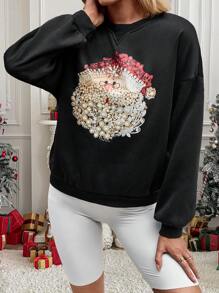 INAWLY Women's Round Neck Long Sleeve Minimalist Santa Claus Print Casual Sweatshirt
