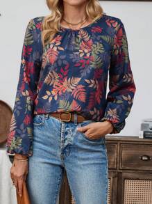 EMERY ROSE Women's Autumn Maple Leaf Printed Round-Neck Long Sleeve Shirt Fall Women Clothes - Multicolor - View 1