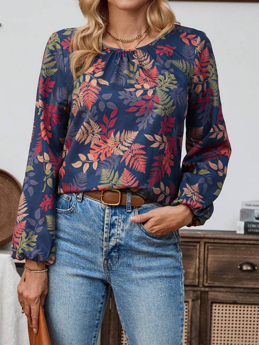 EMERY ROSE Women's Autumn Maple Leaf Printed Round-Neck Long Sleeve Shirt Fall Women Clothes - Multicolor - View 1