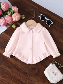 Baby Girl Casual Chic Ruffle Hem Design Puff Collar Blouse Top - Apricot - View 1
