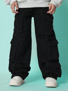 SUMWON Tween Boys Washed Looses Fit Cargo Jean - Black - View 1